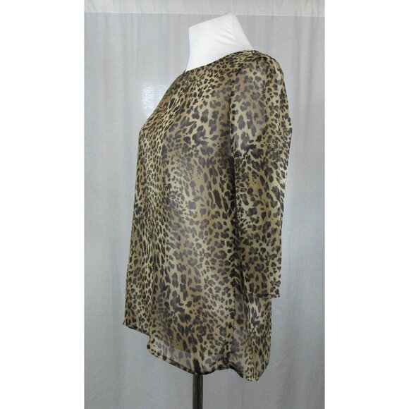 Francesca's Brown Black Animal Print Sheer 3/4 Sleeve Top S - Picture 3 of 5